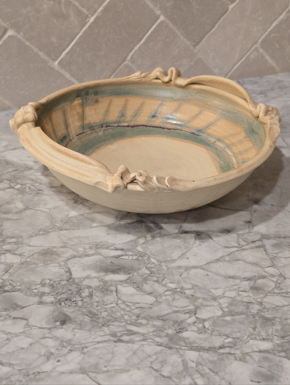 Vintage Handemade Studio Art Pottery Handled Bowl Signed Mixing Crock Wabi Sabi